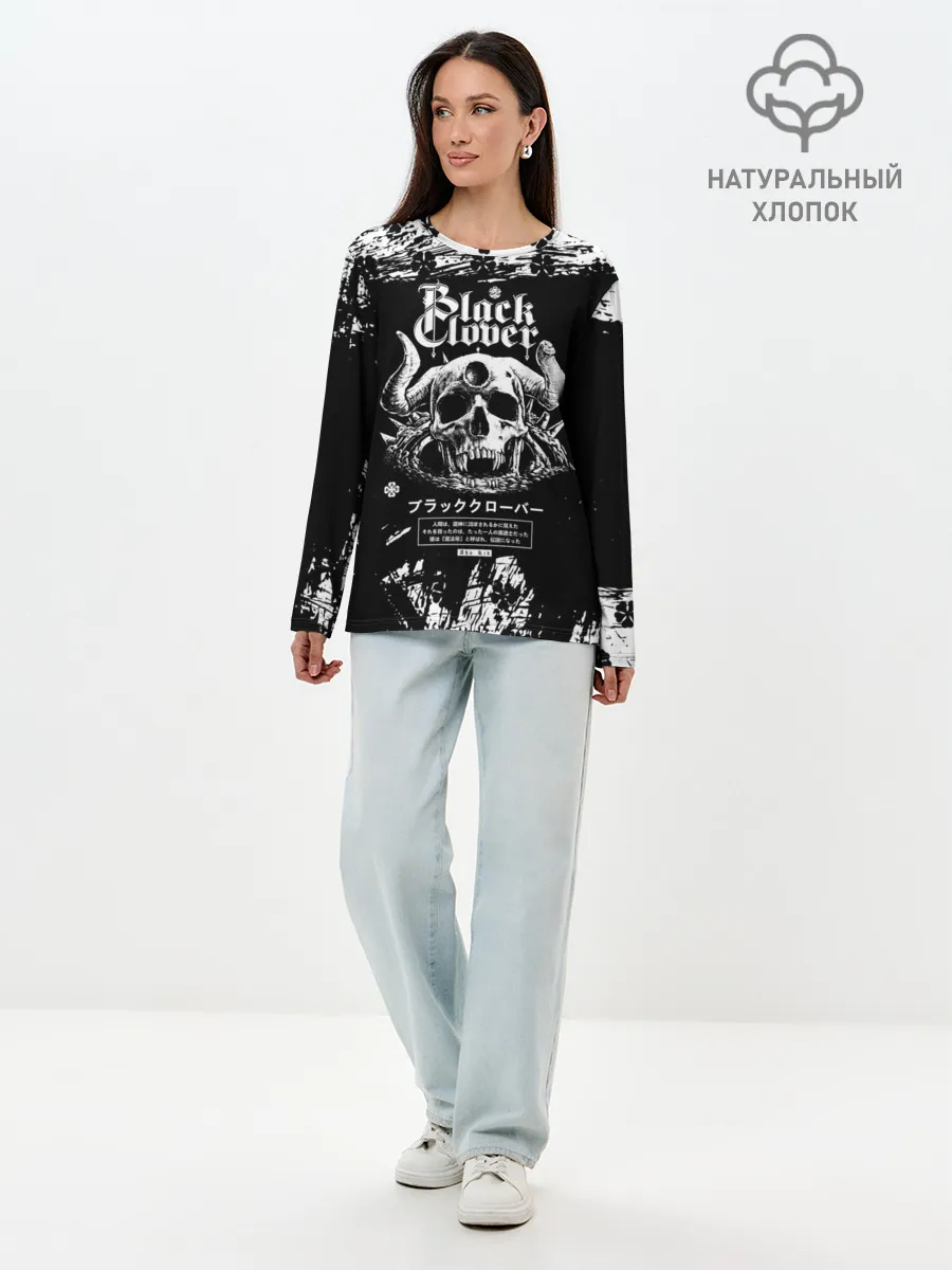 Лонгслив женский. Хлопок / Чёрный клевер череп демона