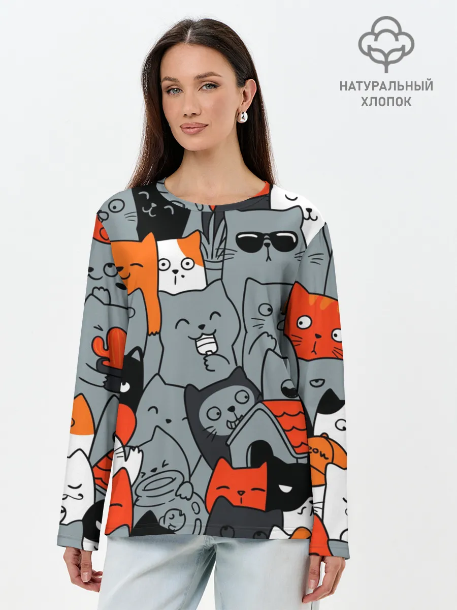 Лонгслив женский. Хлопок / Разноцветные коты