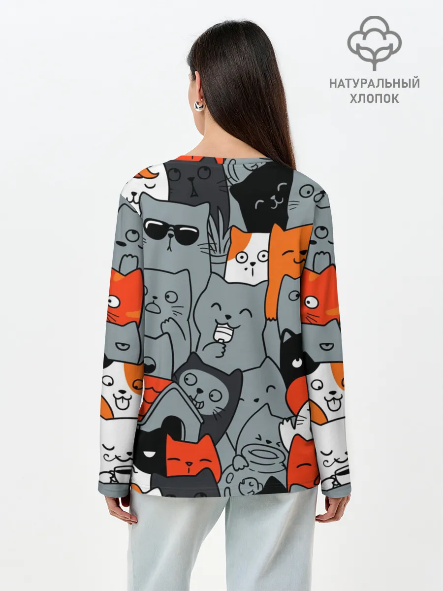 Лонгслив женский. Хлопок / Разноцветные коты