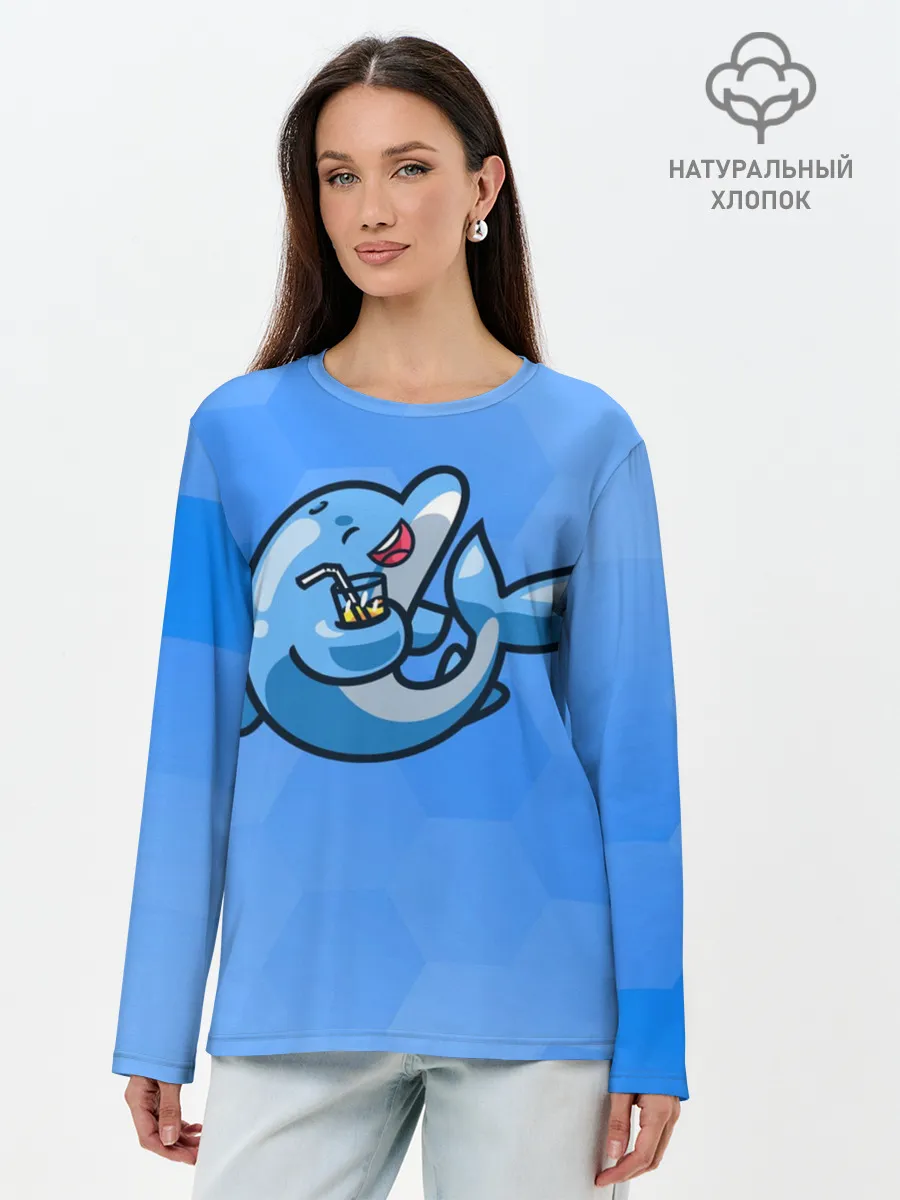 Лонгслив женский. Хлопок / Дельфин с коктейлем