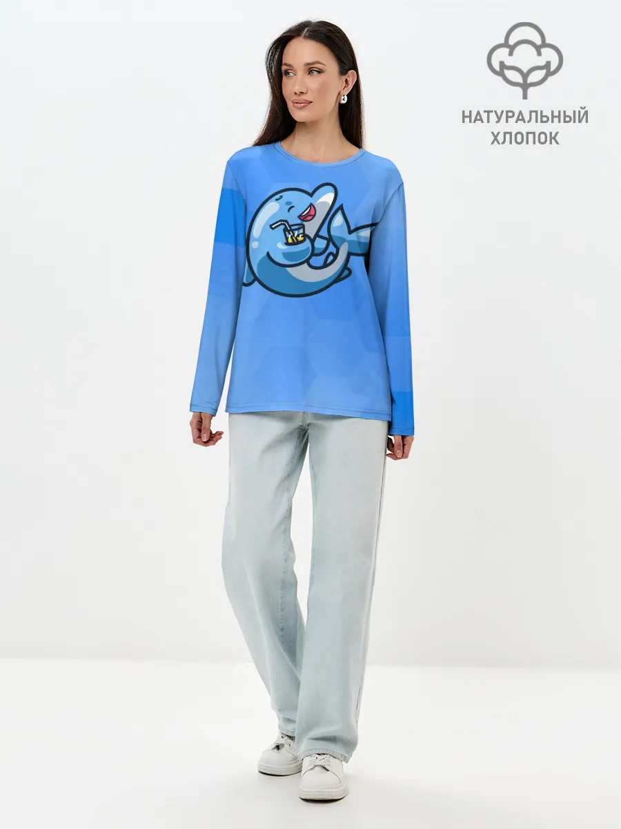 Лонгслив женский. Хлопок / Дельфин с коктейлем