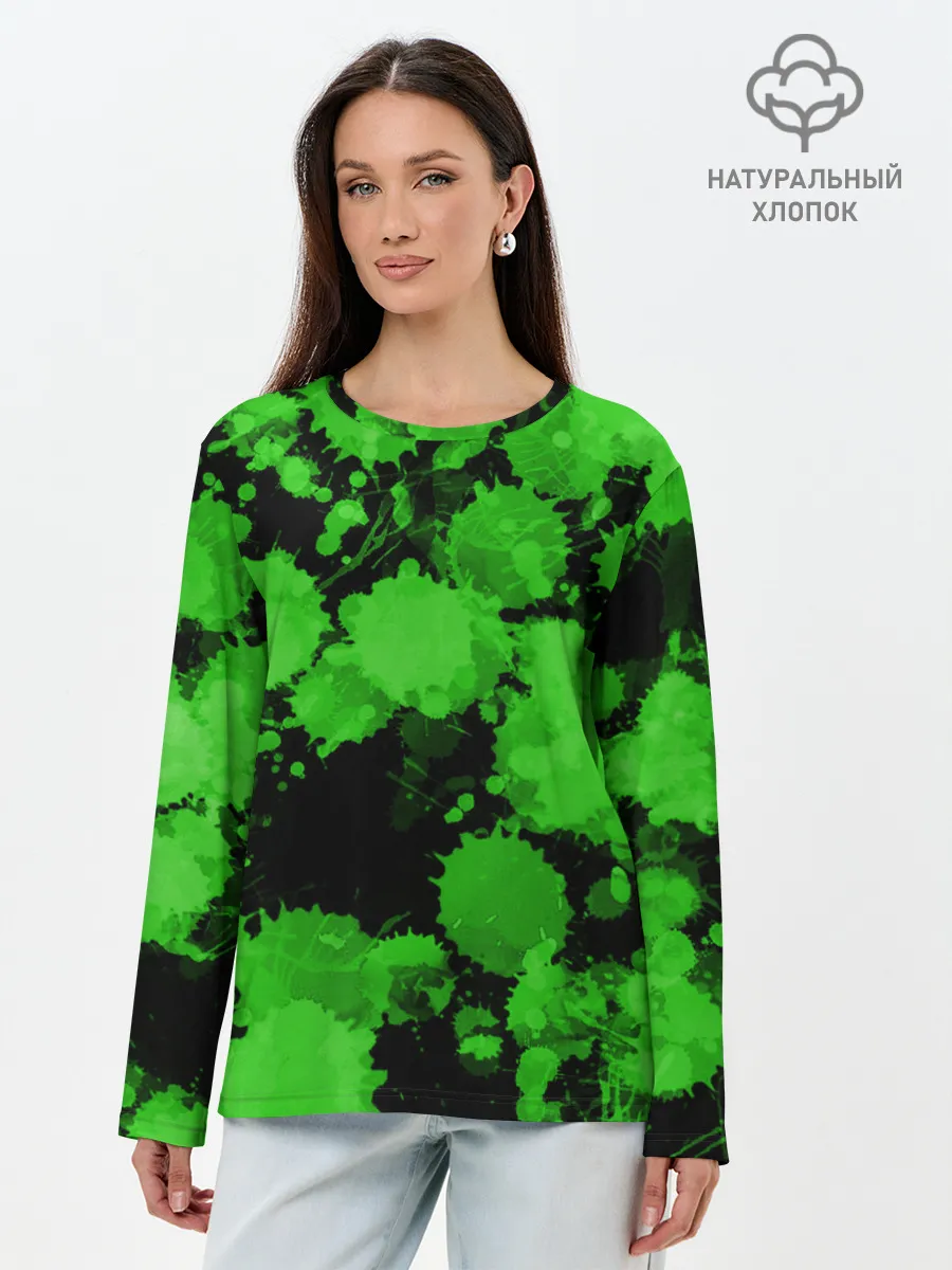 Лонгслив женский. Хлопок / Зеленые Кляксы