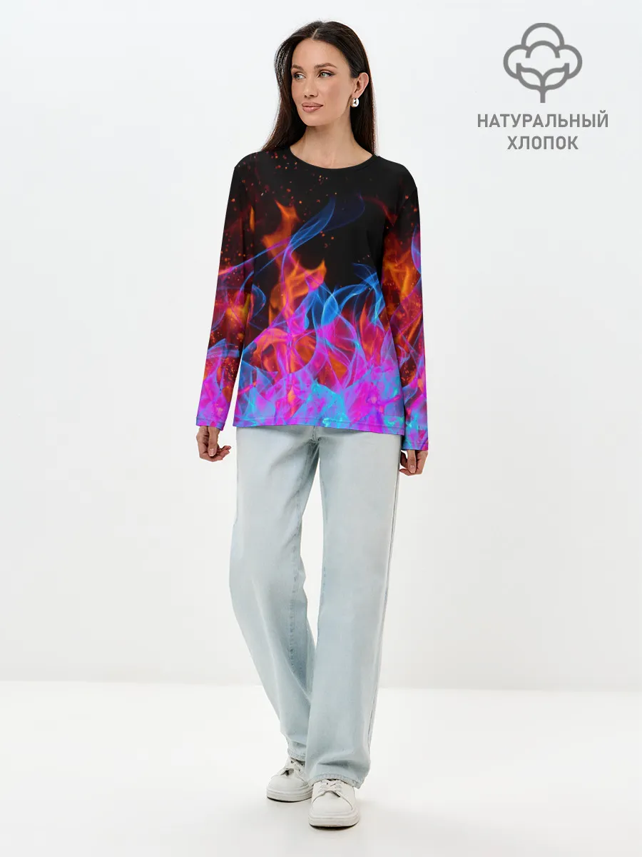 Лонгслив женский. Хлопок / ТРИ ОГНЯ / FIRE / СИНИЙ ОГОНЬ