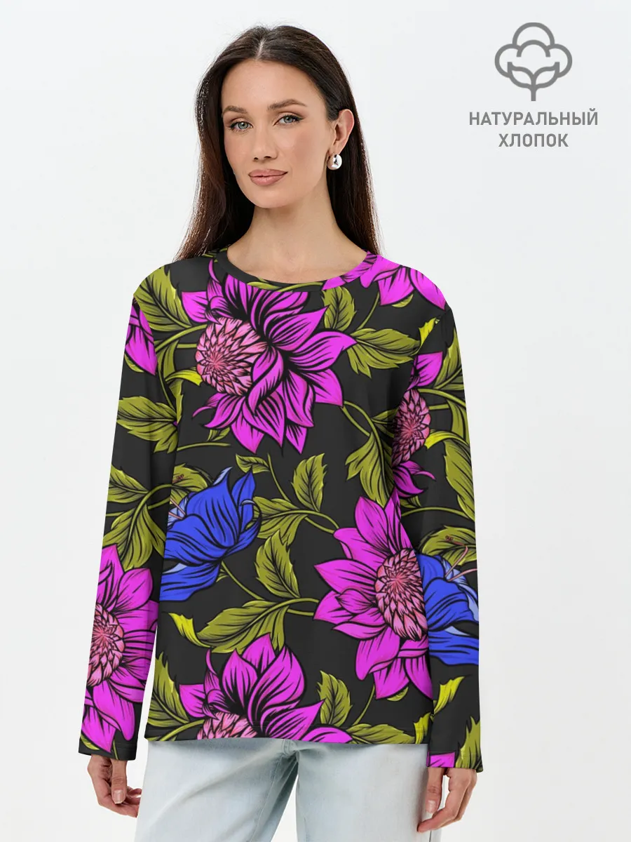 Лонгслив женский. Хлопок / Цветочный Паттерн
