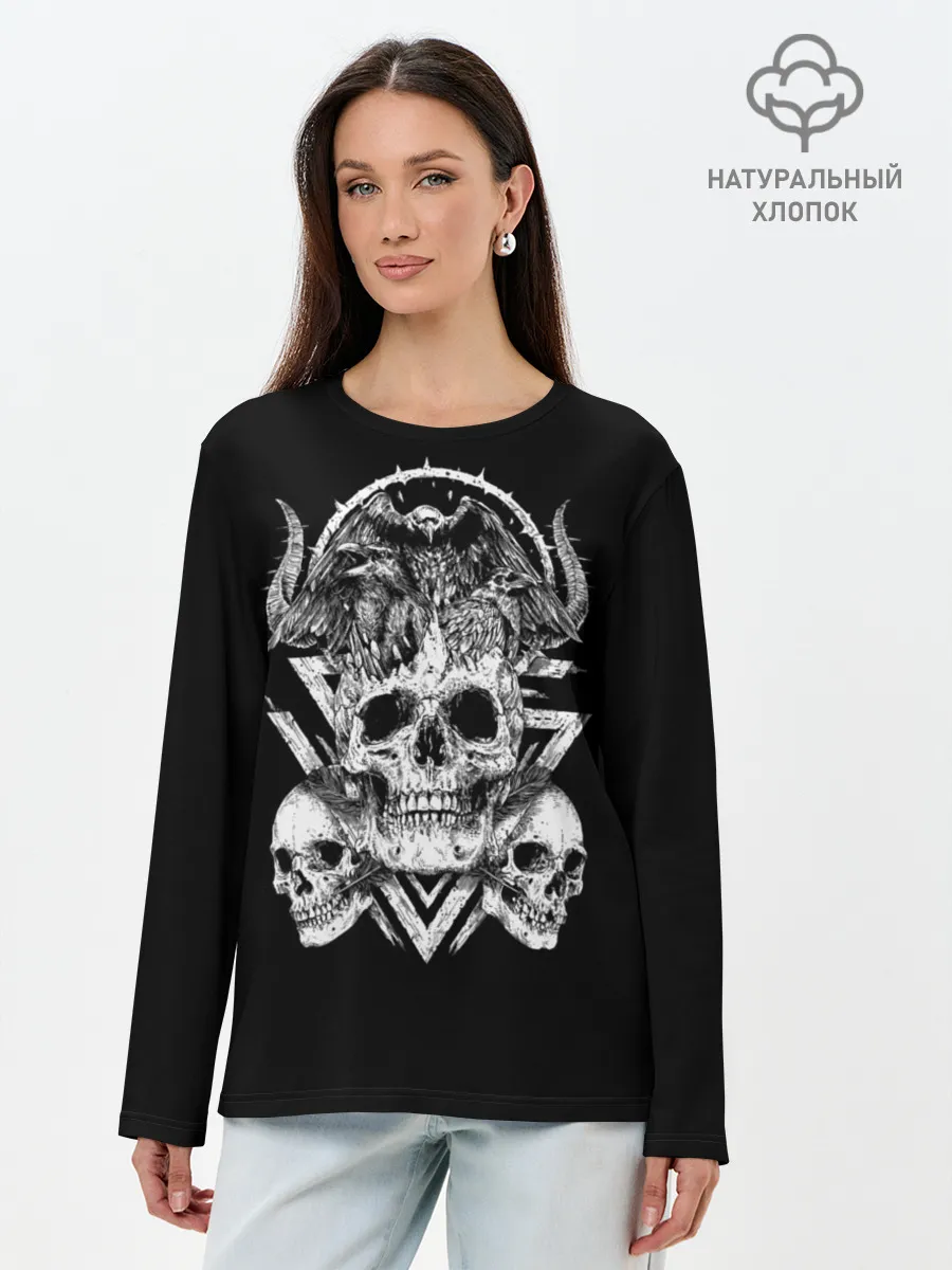 Лонгслив женский. Хлопок / Черепа и Вороны | Skulls Raven