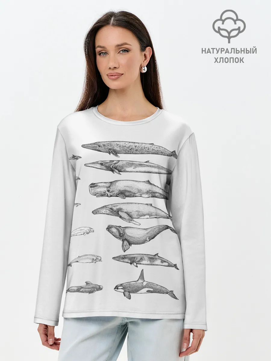 Лонгслив женский. Хлопок / киты графика