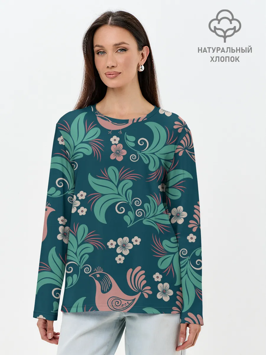 Лонгслив женский. Хлопок / Птицы в Цветах