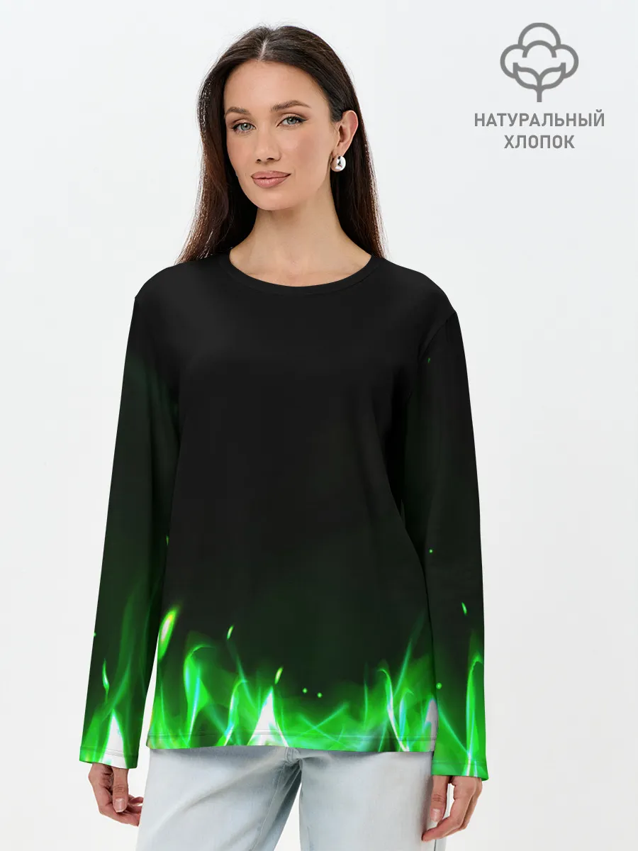 Лонгслив женский. Хлопок / Зеленый огонь