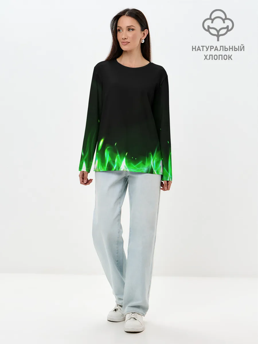 Лонгслив женский. Хлопок / Зеленый огонь