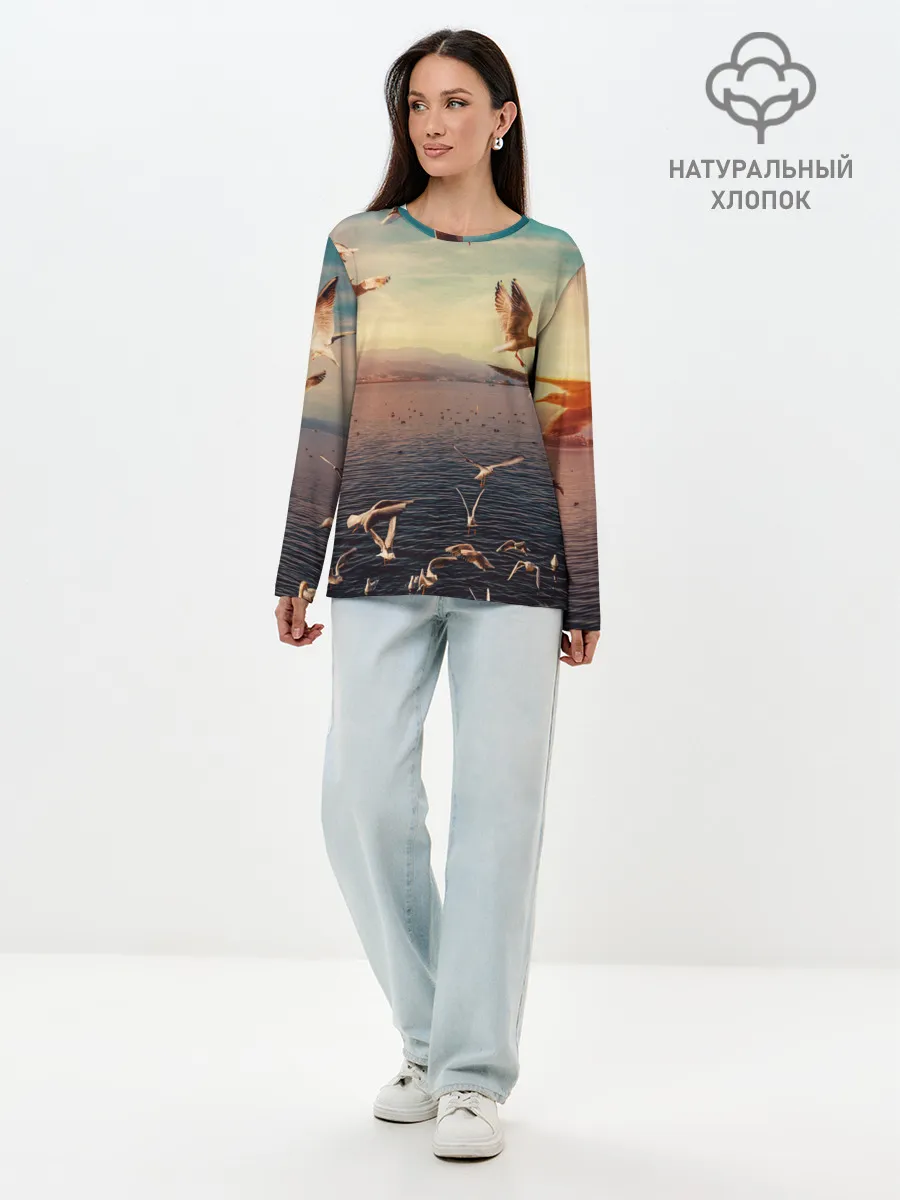 Лонгслив женский. Хлопок / Чайки на воде