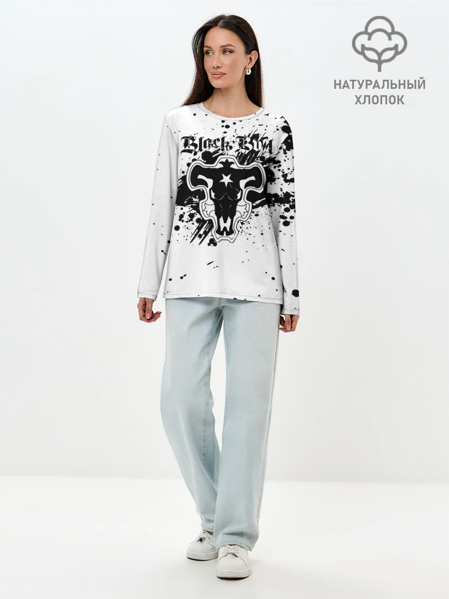 Лонгслив женский. Хлопок / Черные быки брызги Чёрный клевер