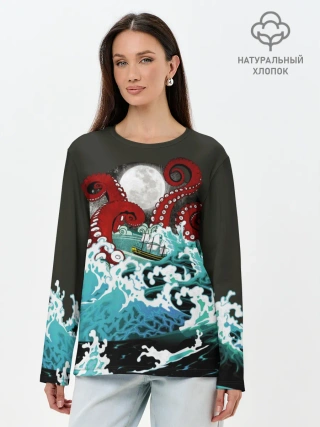 Лонгслив женский. Хлопок / Корабль на Волнах | Кракен