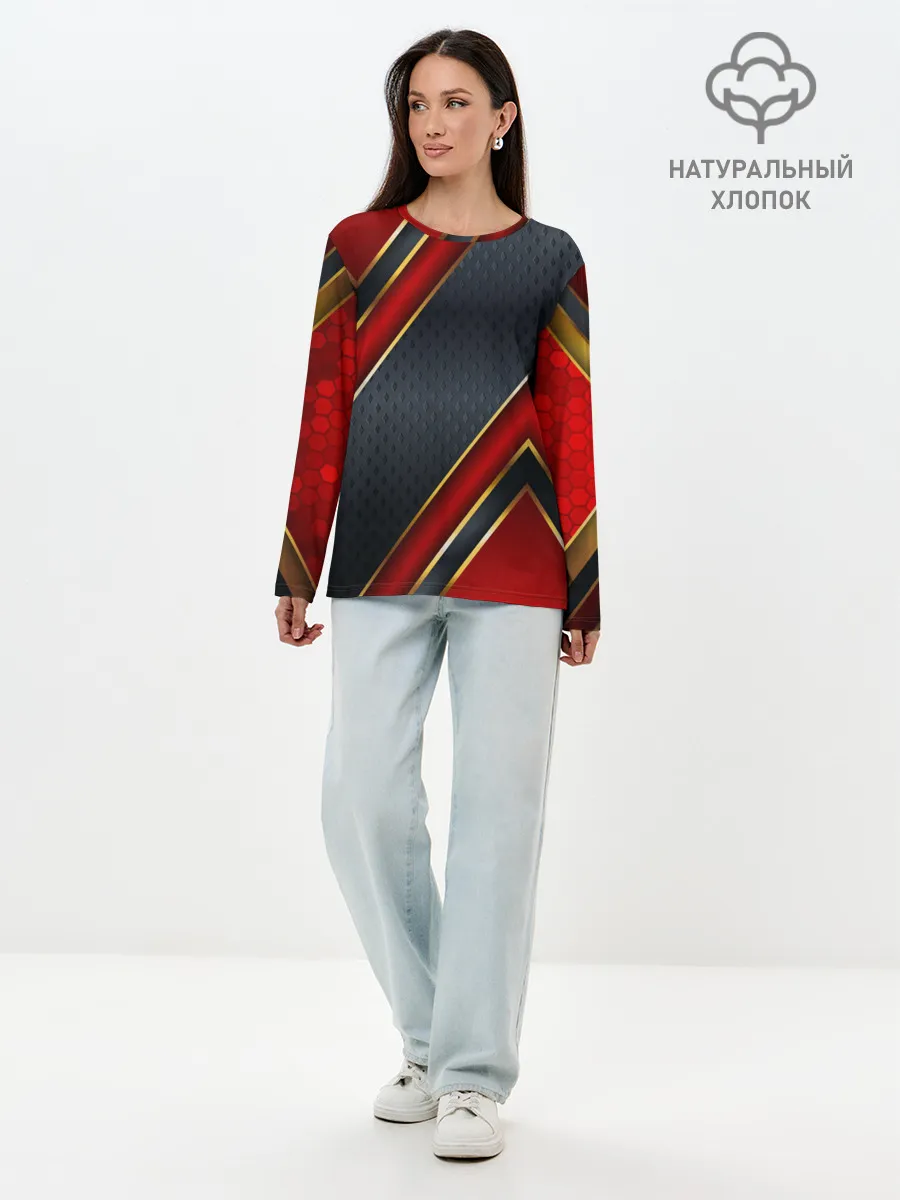 Лонгслив женский. Хлопок / Black & Red 3D