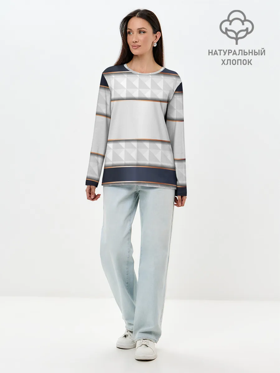 Лонгслив женский. Хлопок / White 3d lines