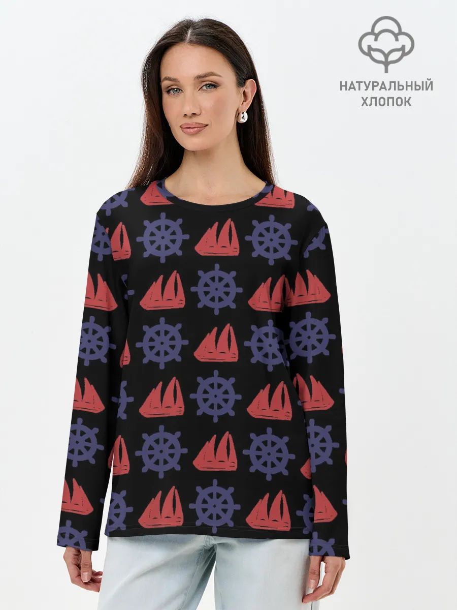 Лонгслив женский. Хлопок / Корабли и штурвалы