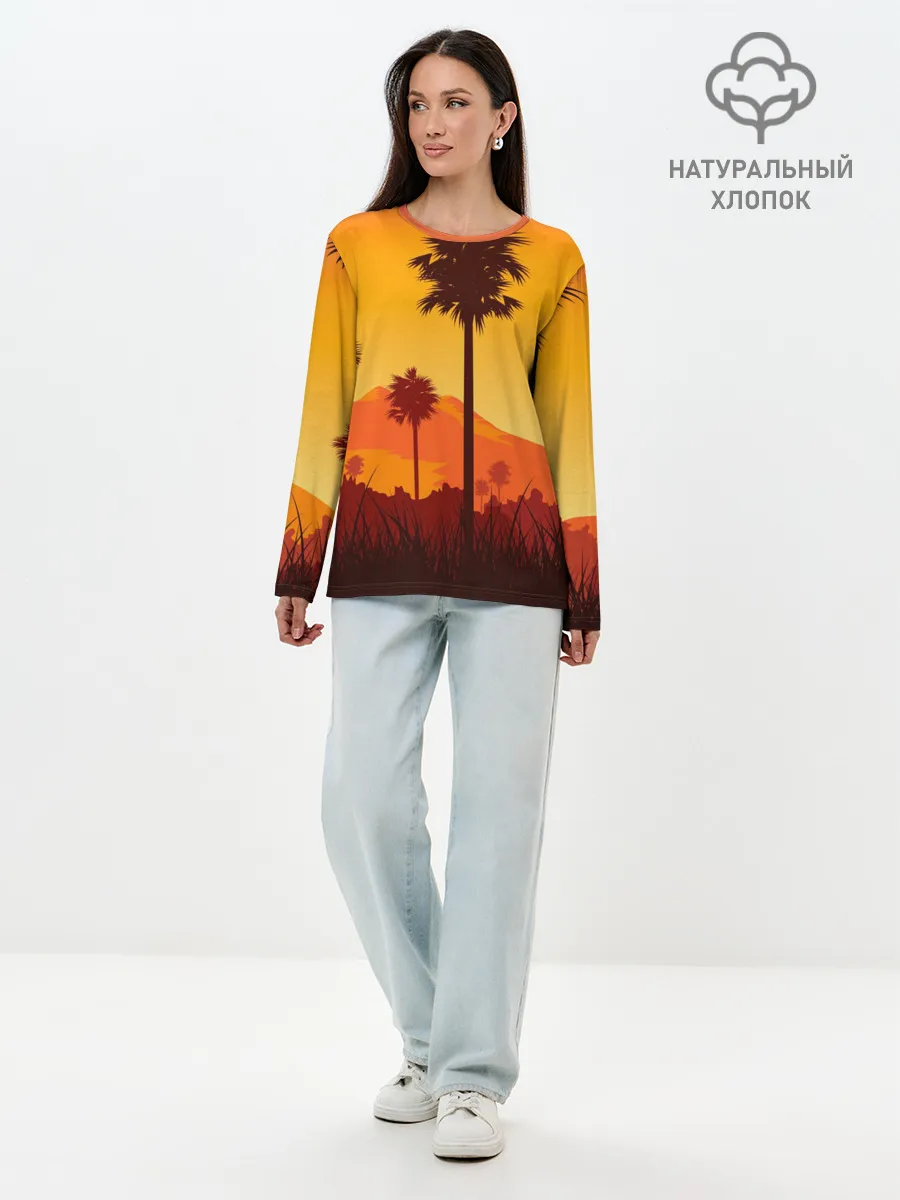 Лонгслив женский. Хлопок / Лето, Пальмы, вечер