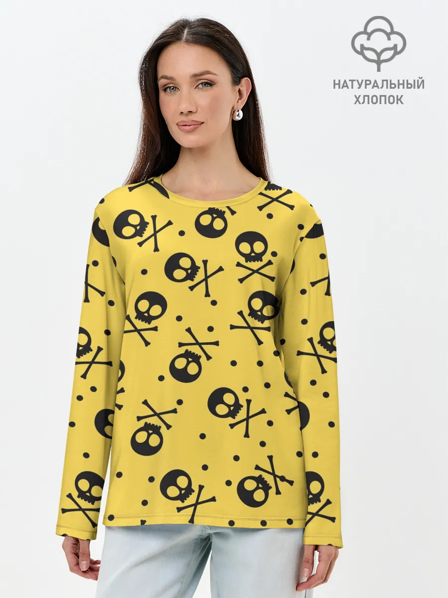 Лонгслив женский. Хлопок / Череповый фон | Черепа