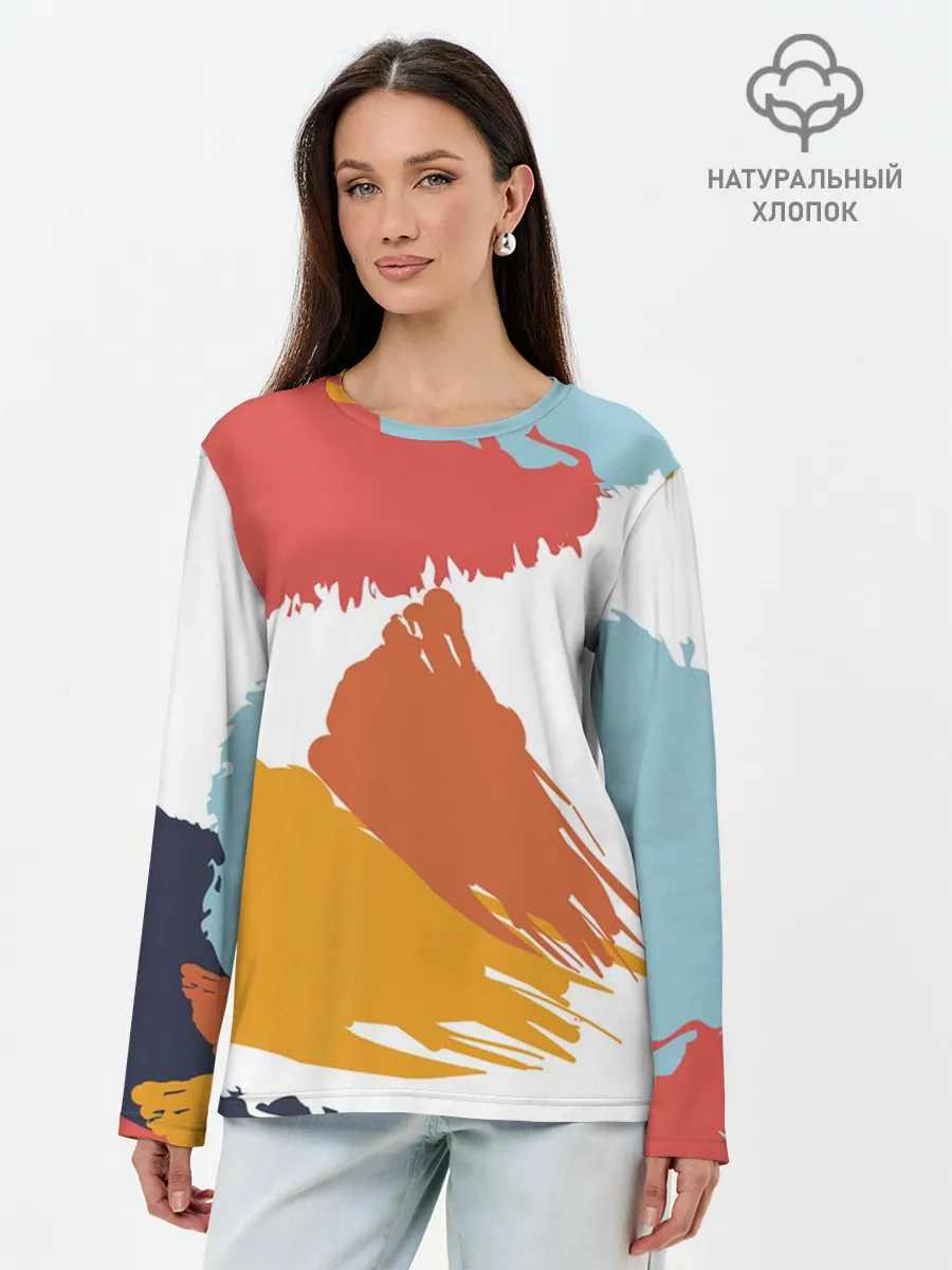 Лонгслив женский. Хлопок / Цветные пятна, мазки кистью