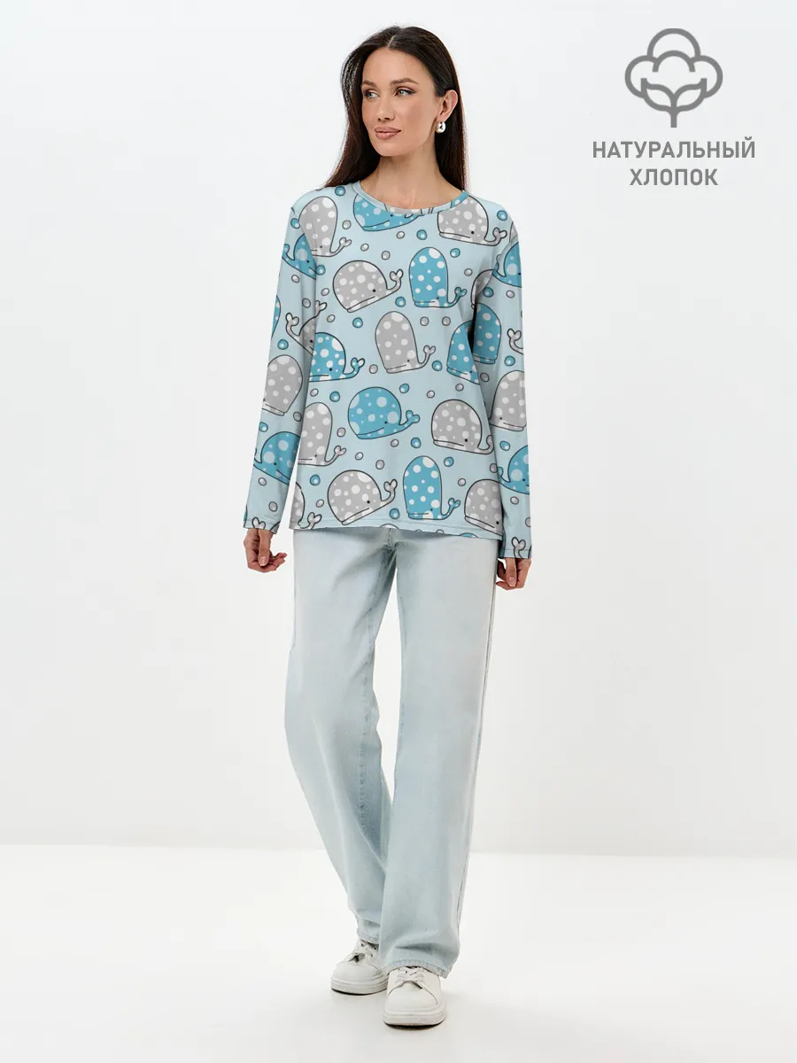 Лонгслив женский. Хлопок / Киты паттерн