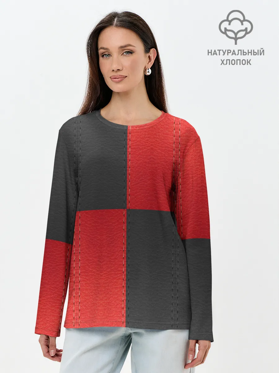 Лонгслив женский. Хлопок / Черно-красная Кожа