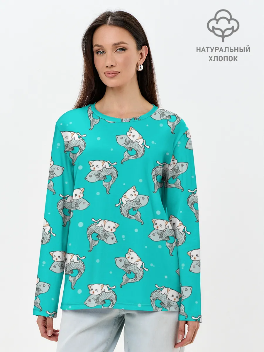 Лонгслив женский. Хлопок / Котики и рыбки
