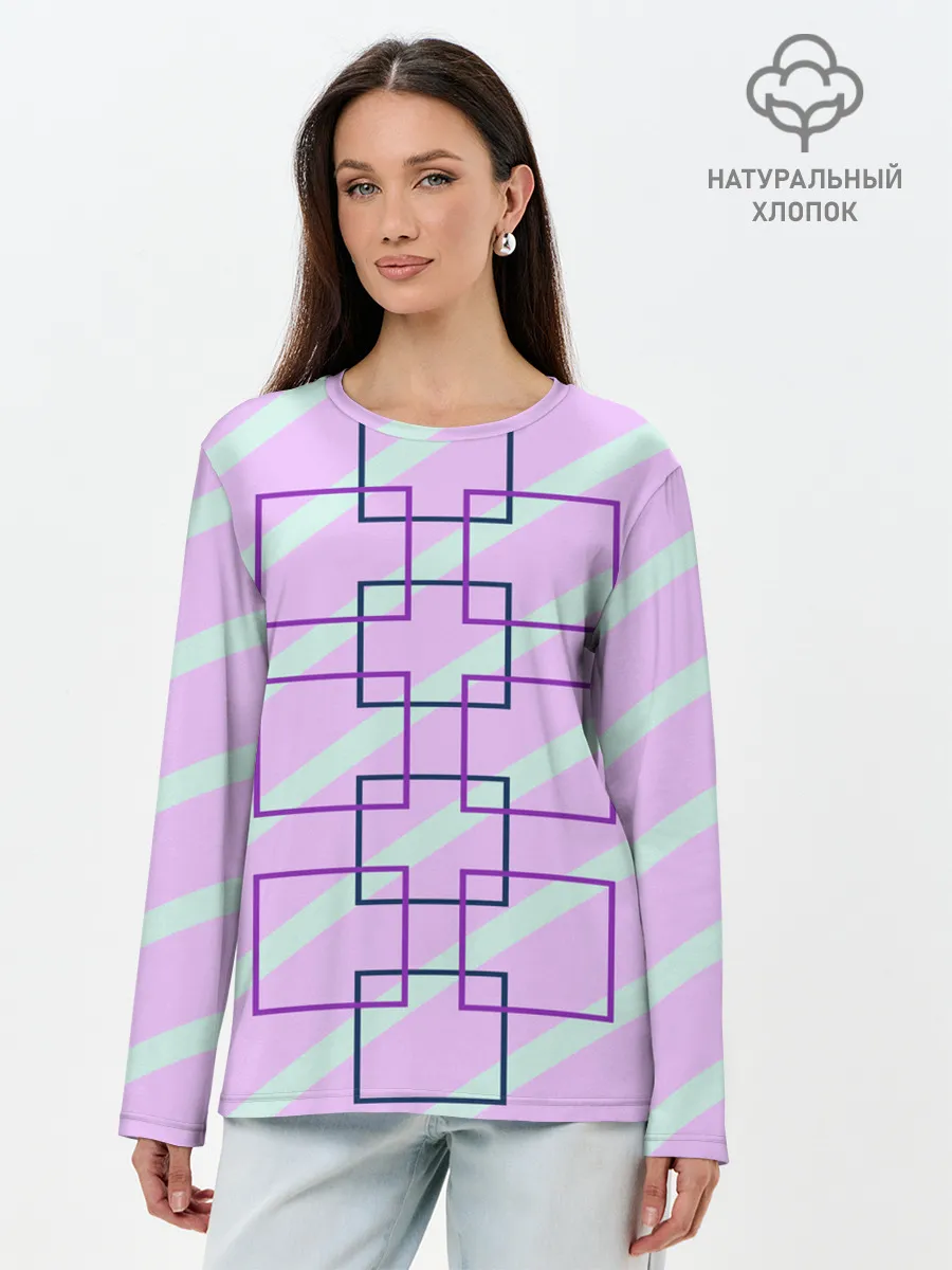 Лонгслив женский. Хлопок / графический: клетка полоска