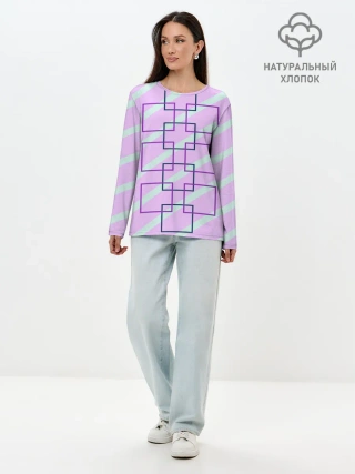 Лонгслив женский. Хлопок / графический: клетка полоска