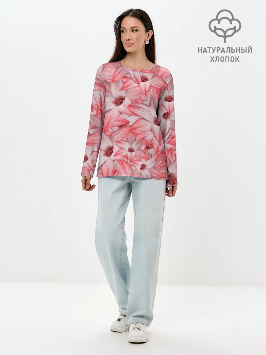 Лонгслив женский. Хлопок / Красные Цветы