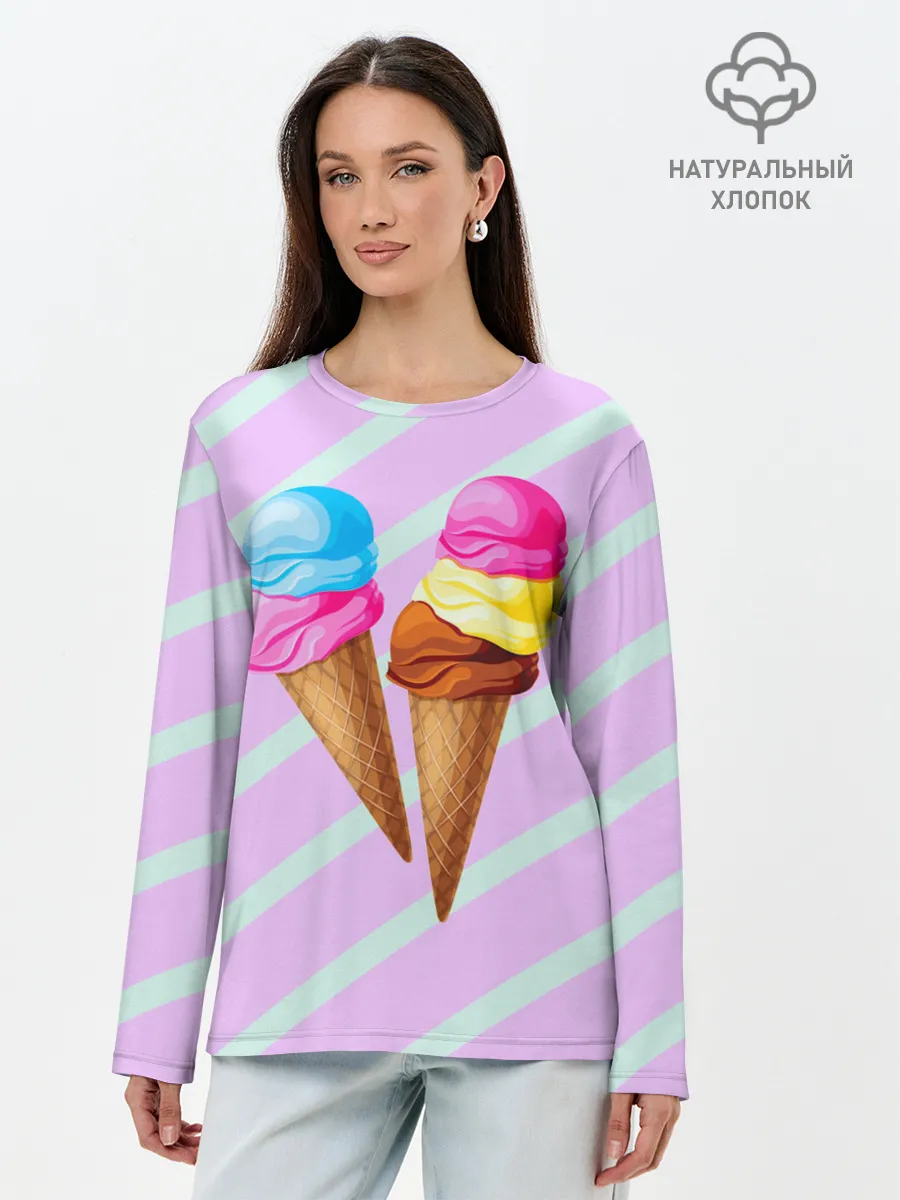 Лонгслив женский. Хлопок / Мороженое графический фон
