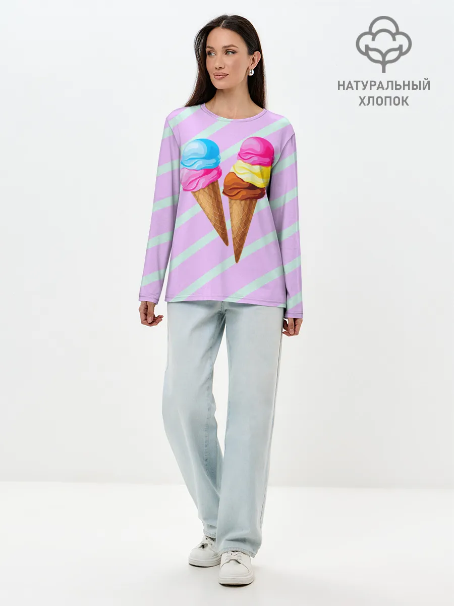 Лонгслив женский. Хлопок / Мороженое графический фон