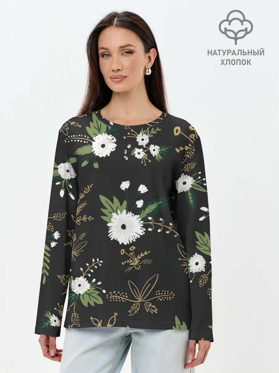 Лонгслив женский. Хлопок / Белые хризантемы