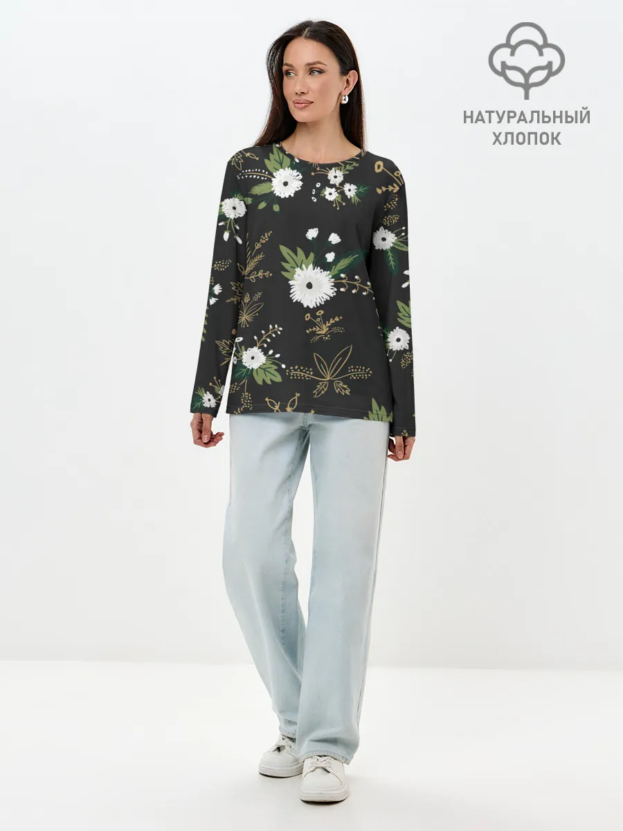 Лонгслив женский. Хлопок / Белые хризантемы