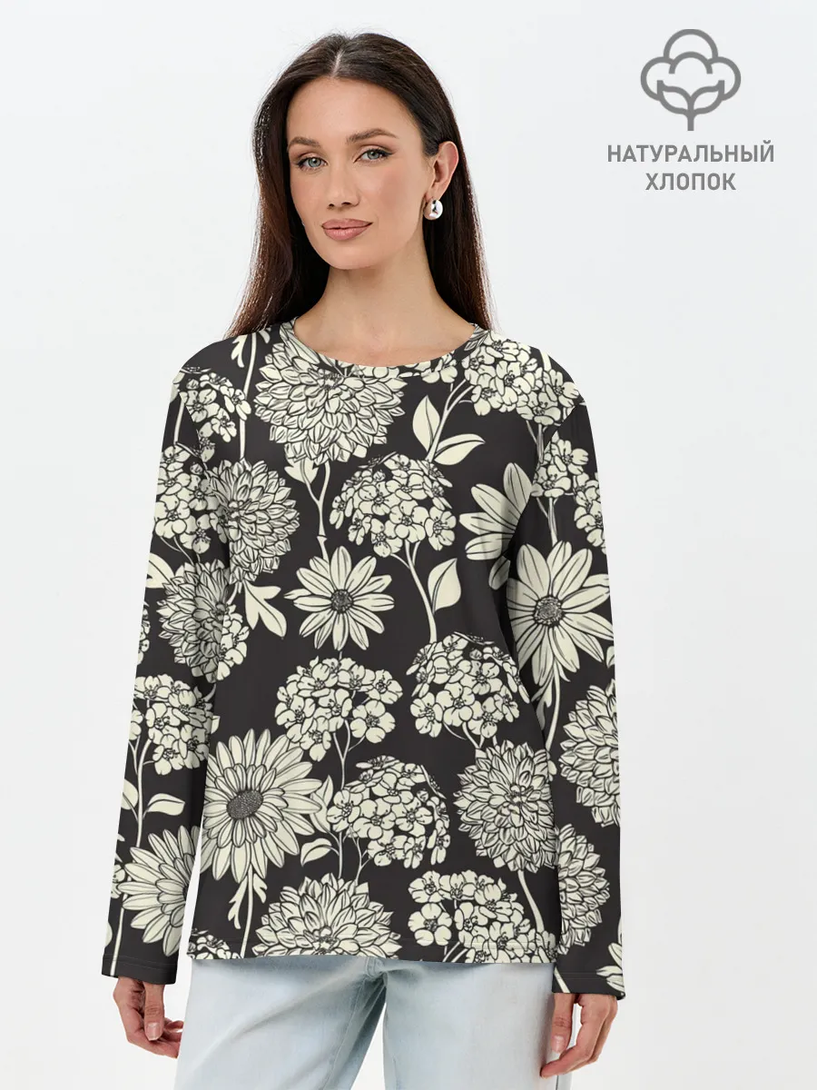 Лонгслив женский. Хлопок / Белые цветы