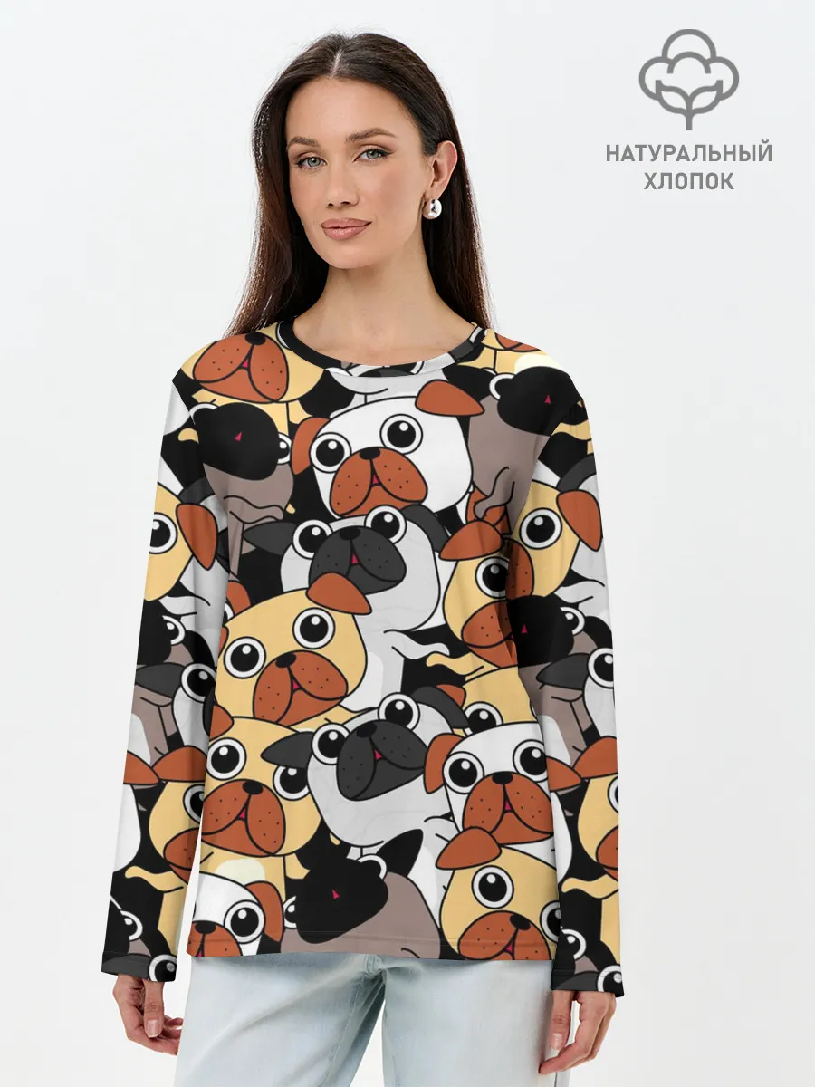 Лонгслив женский. Хлопок / Собаки мопсы
