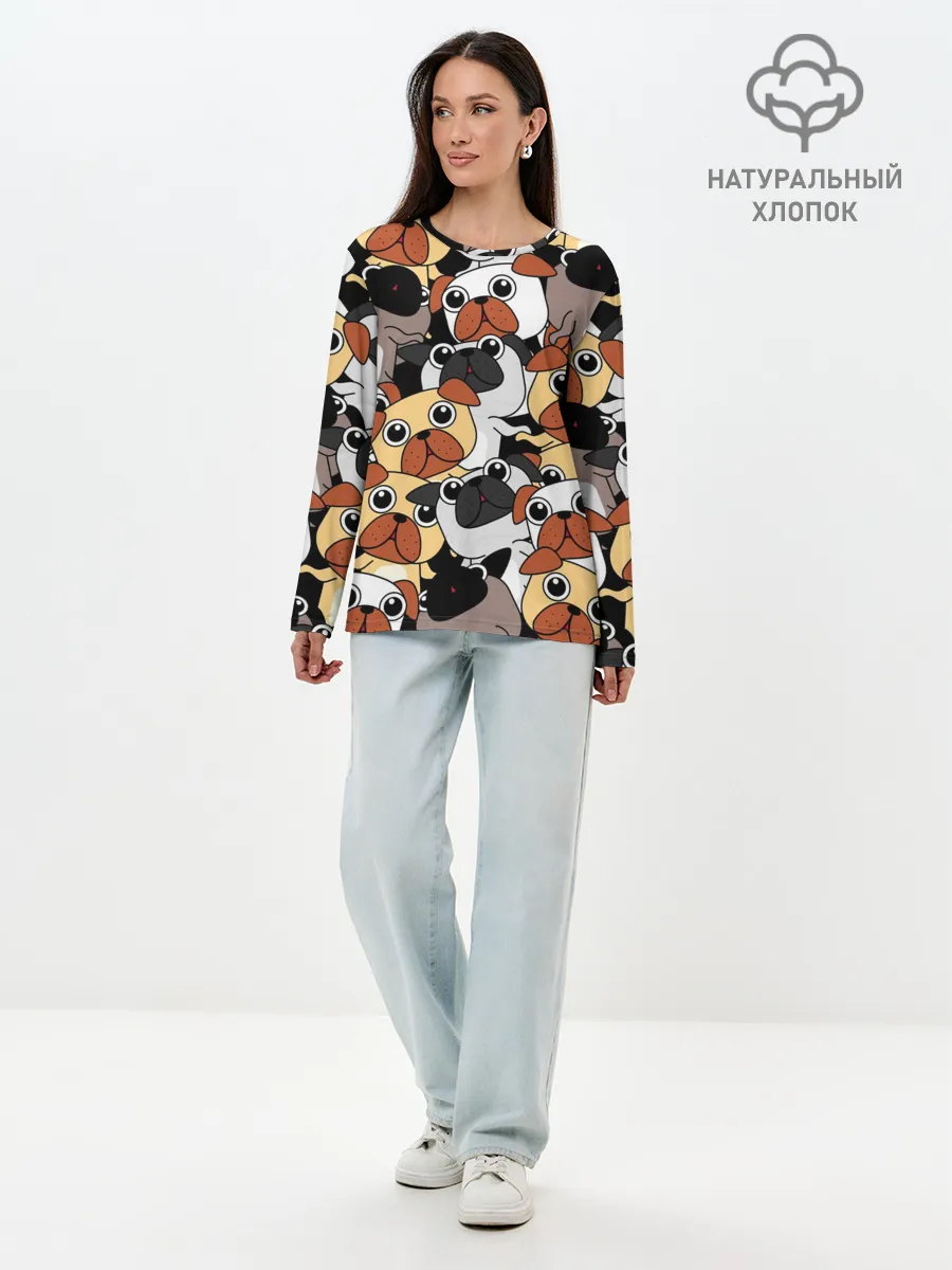 Лонгслив женский. Хлопок / Собаки мопсы