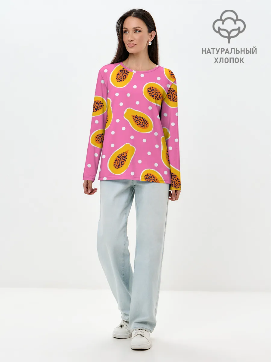 Лонгслив женский. Хлопок / Папайя на розовом