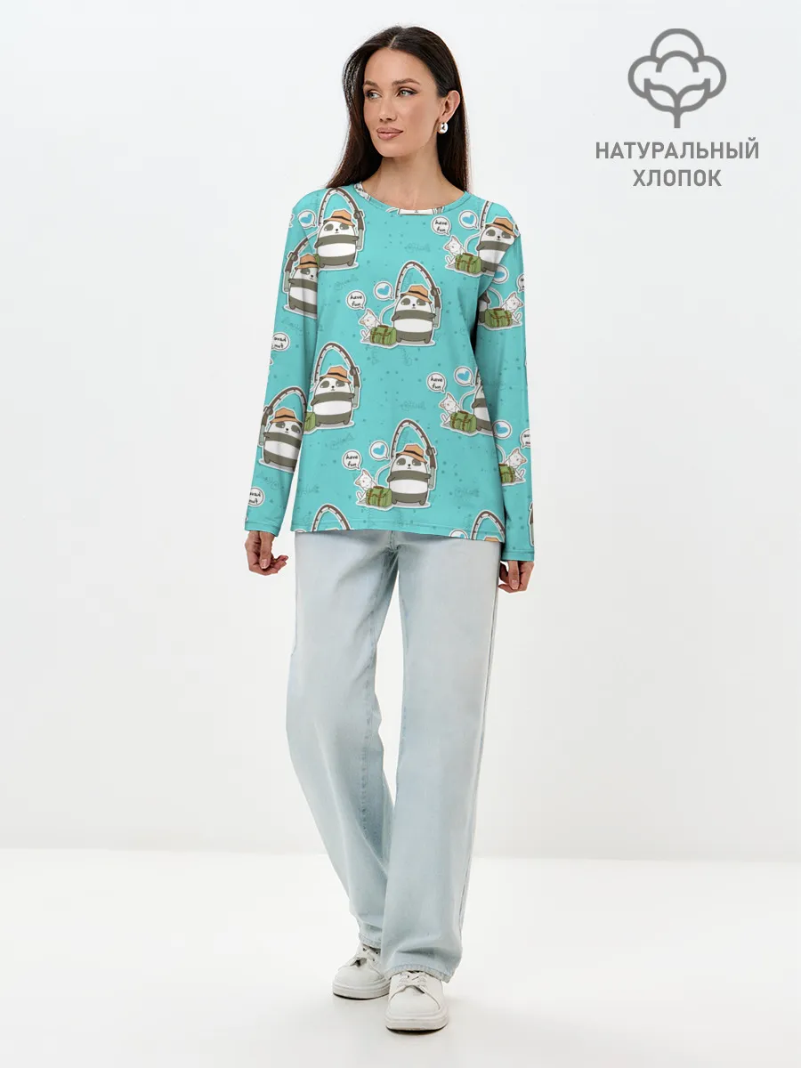 Лонгслив женский. Хлопок / Панда на рыбалке