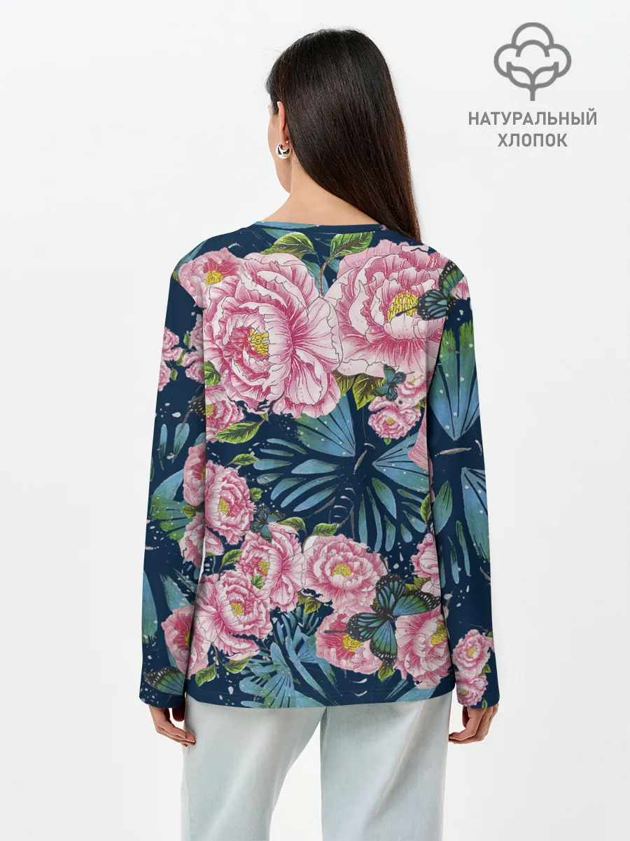 Лонгслив женский. Хлопок / Пионы