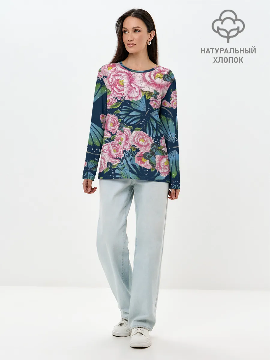 Лонгслив женский. Хлопок / Пионы