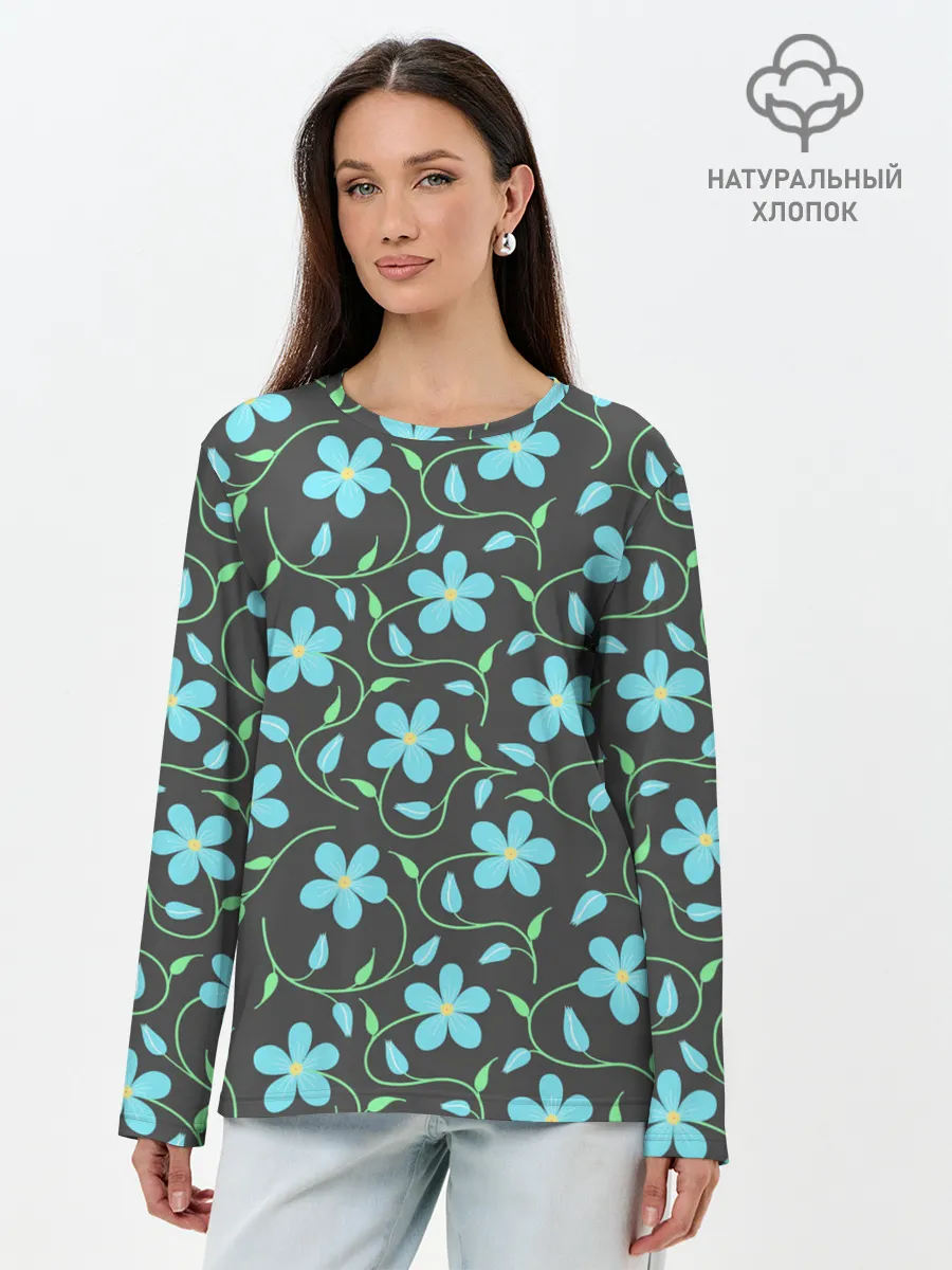 Лонгслив женский. Хлопок / Цветочный узор на темном фоне