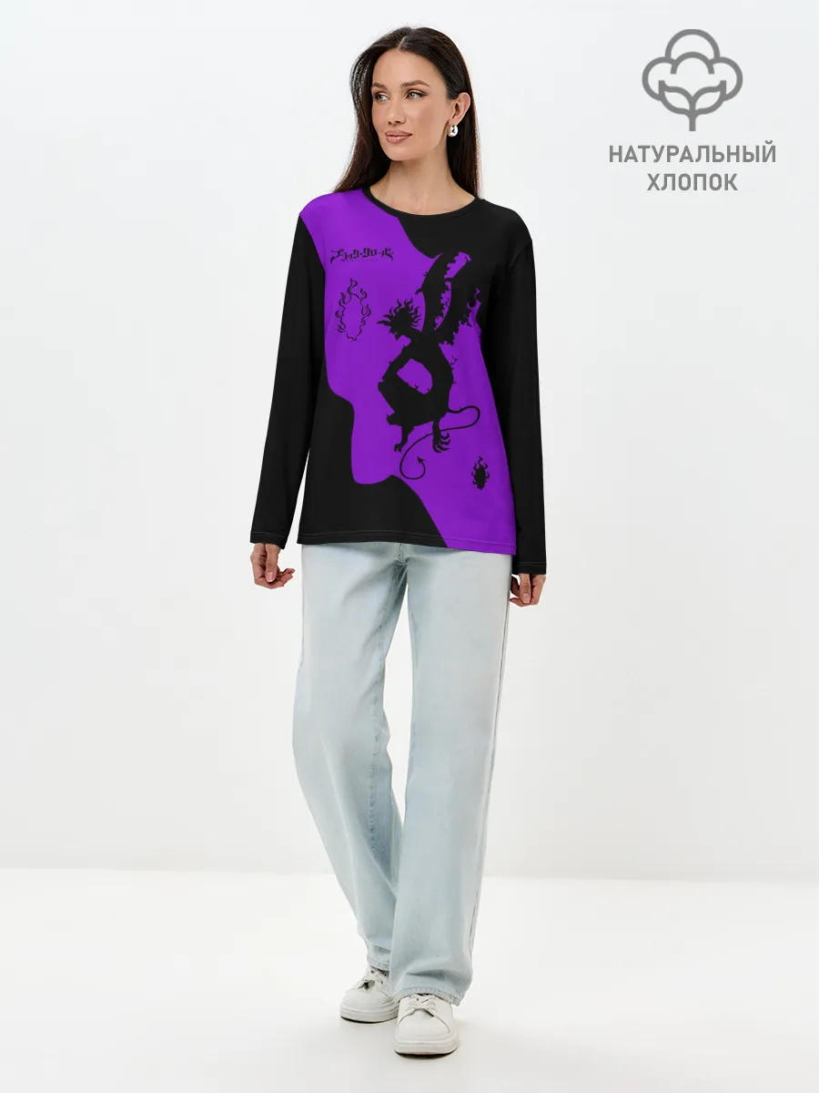 Лонгслив женский. Хлопок / Чёрный клевер демон в сиреневом