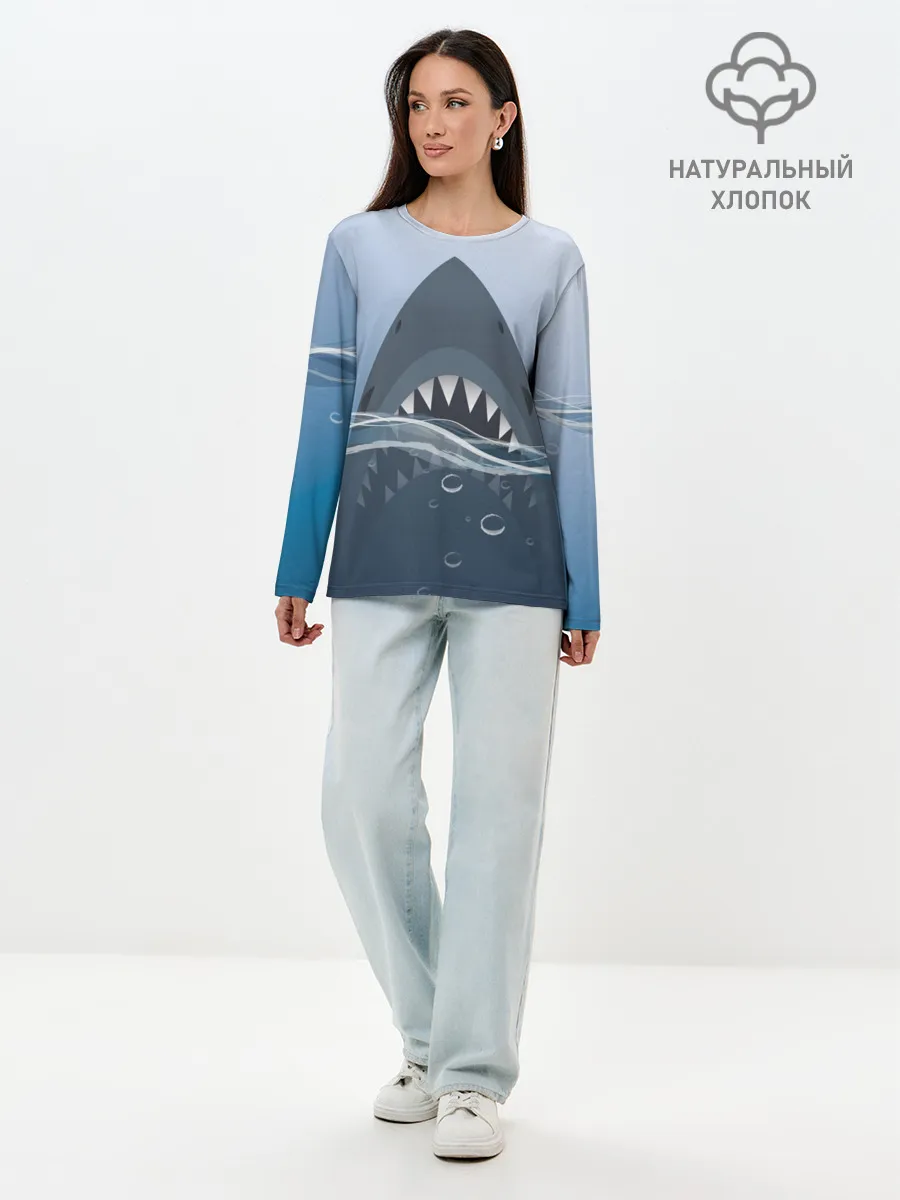 Лонгслив женский. Хлопок / Акула под водой