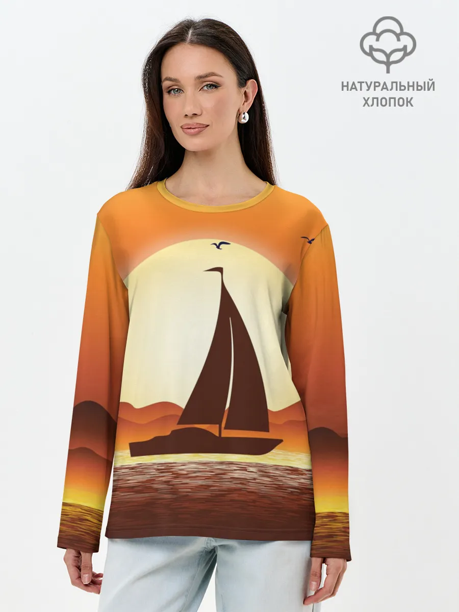 Лонгслив женский. Хлопок / Кораблик на закате