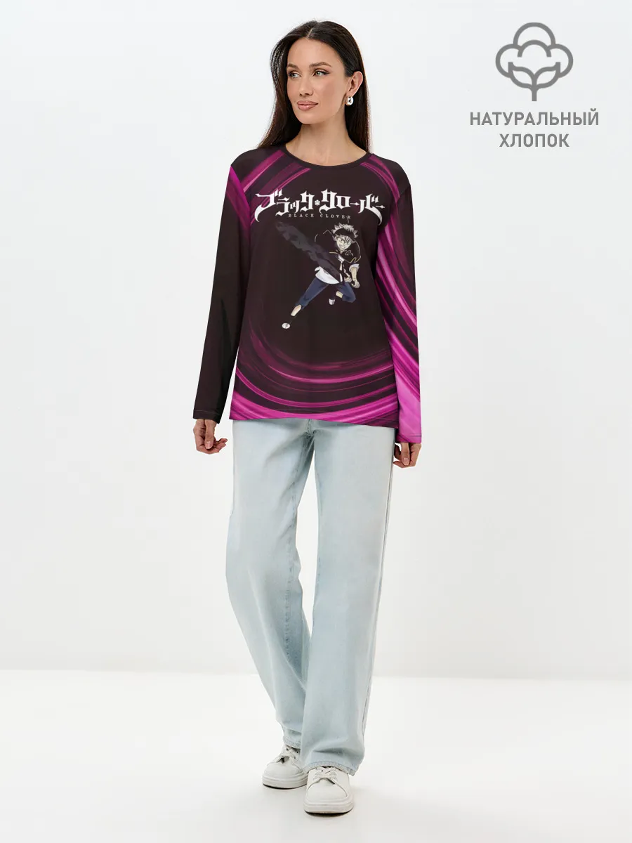 Лонгслив женский. Хлопок / Чёрный клевер Аста с мечом