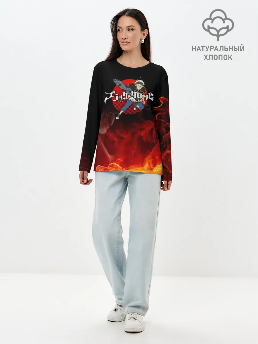 Лонгслив женский. Хлопок / Аста в огне Чёрный клевер