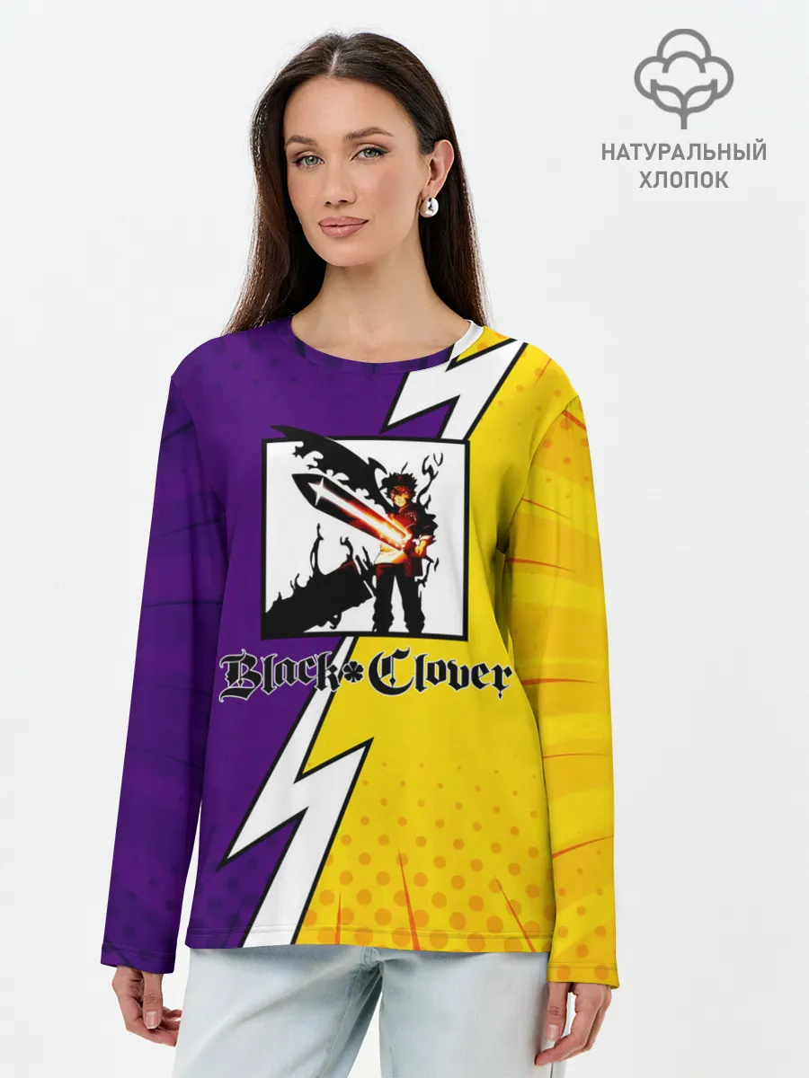 Лонгслив женский. Хлопок / Чёрный Аста фиолетовый/желтый