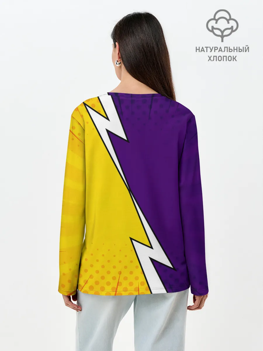 Лонгслив женский. Хлопок / Чёрный Аста фиолетовый/желтый