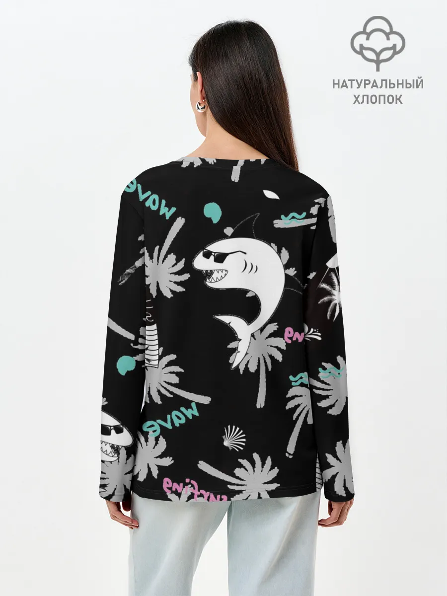 Лонгслив женский. Хлопок / Акула и серфинг