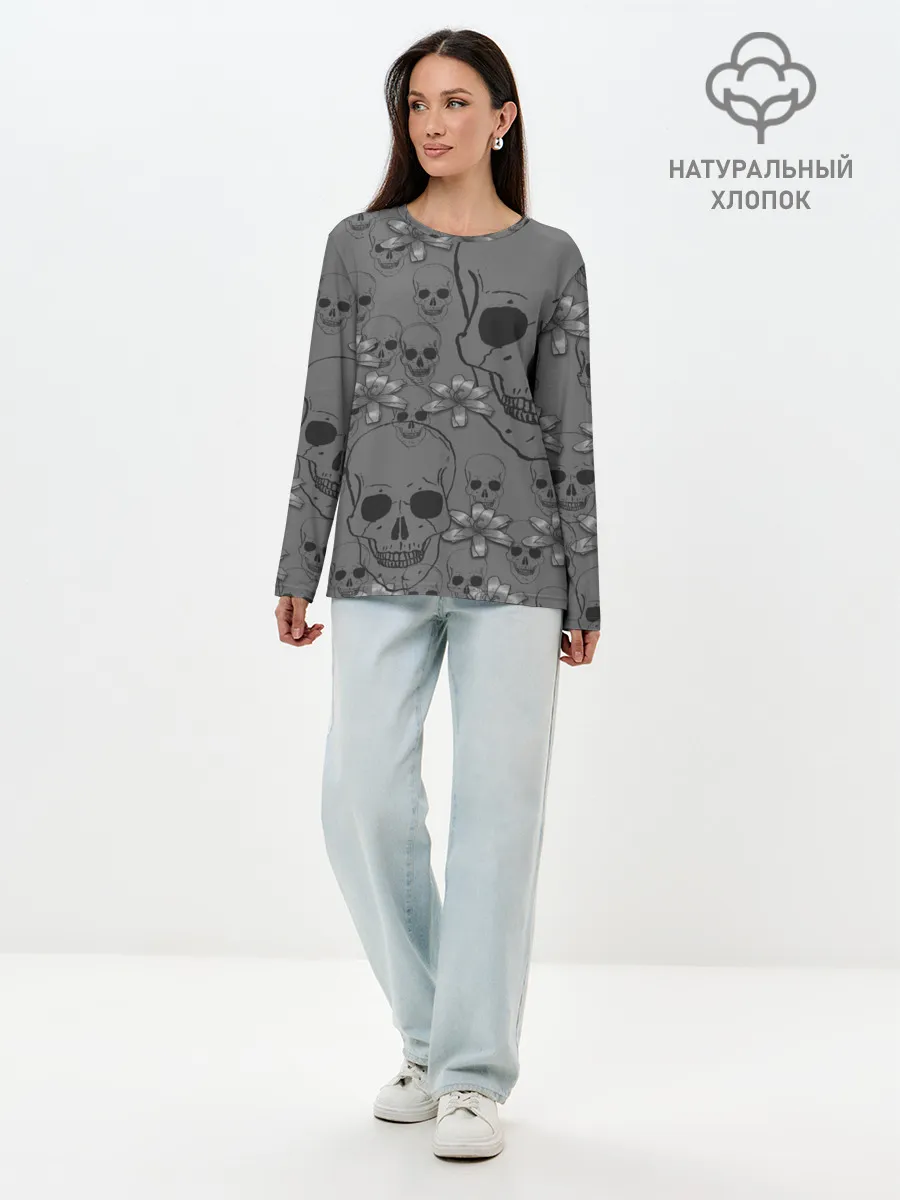 Лонгслив женский. Хлопок / Цветы и черепа
