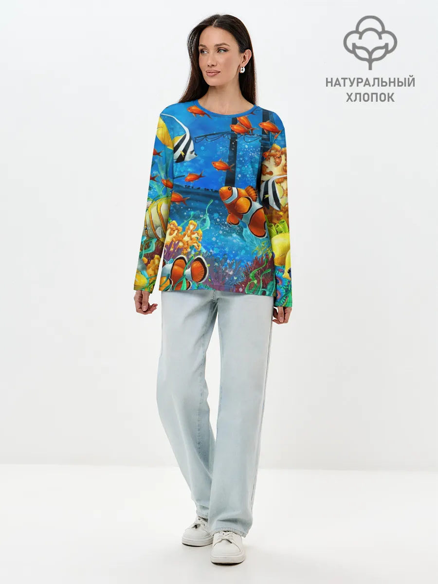 Лонгслив женский. Хлопок / На глубине | Рыбки | Пляжная